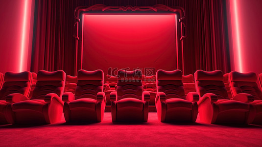 白色背景上开放式红色窗帘和屏幕前舒适的红色影院椅的 3D 渲染