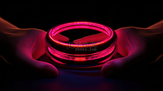 手环背景图片_产品在 3D 插图中两只手握住霓虹灯环之间显示