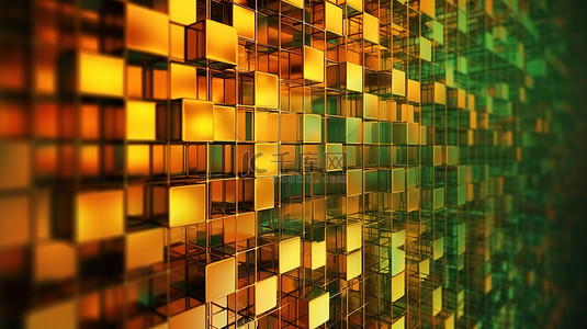 抽象工业 3D 背景纹理与银色金属液体表面和立方马赛克图案在绿色橙色和黄色金色渐变颜色 3D 渲染