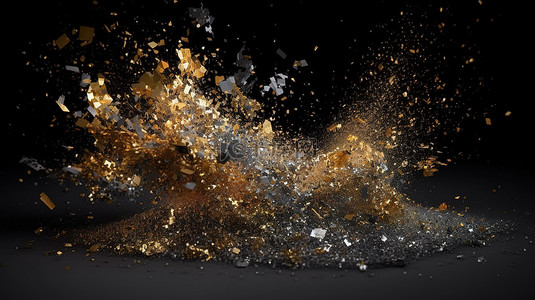 粒子黑金背景图片_金色和银色 3d 渲染中的混合闪光灰尘颗粒