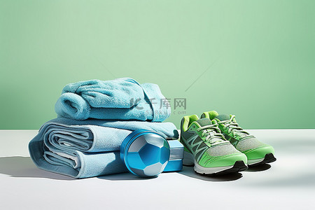 蓝色鞋子背景图片_一名运动教练坐在一件物品旁边，其中包括毛巾和蓝色鞋子