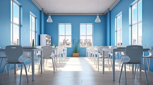 阳光亲吻的教室，窗户附近有一排排白色桌椅，蓝色墙壁在 3D 渲染中得到增强