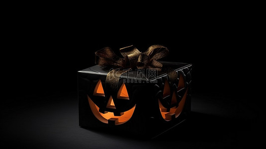 诡异的黑色背景上，黑色礼盒中微笑南瓜的 3d 渲染令人惊奇