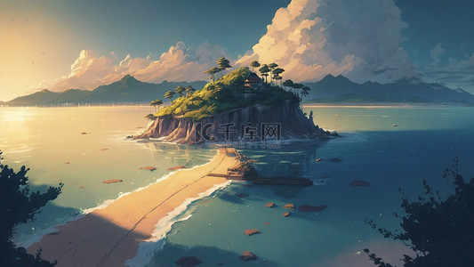 海上龙舟背景图片_岛屿大海插画背景