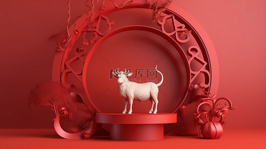 中国农历新年讲台站在 3D 渲染中，以牛为主题