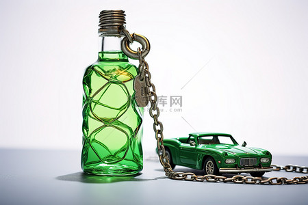 清醒背景背景图片_绿色瓶子和小车在白色背景上组合成链条