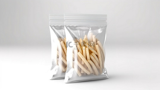 白色背景的 3D 渲染，零食包装在空白塑料袋中