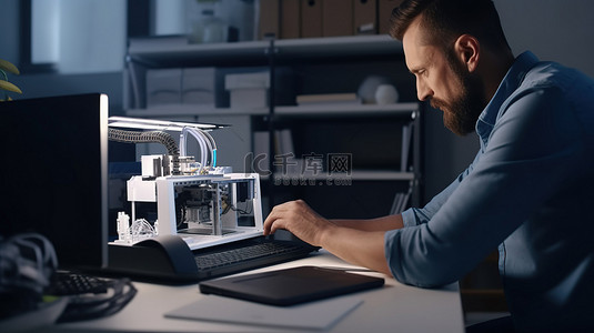 工程师将 3D 模型文件从笔记本电脑传输到打印机裁剪图像