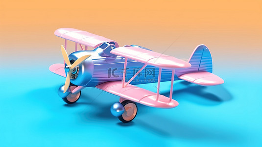 在飞机上卡通背景图片_儿童蓝色塑料双翼飞机玩具，在粉红色背景 3D 渲染上以双色调展示