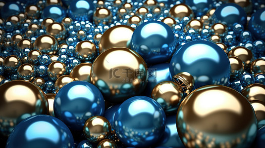 闪亮的蓝色丝绸上闪闪发光的金色珍珠的 3D 插图