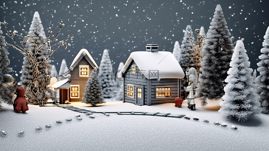 冬天海报背景图片_圣诞节 3D 渲染的房屋和树木的节日场景