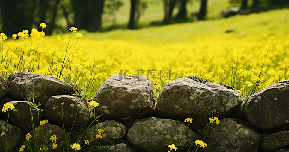 长满青苔的石头和黄色花朵的花田