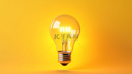 黄色吊灯背景图片_启发性想法 3D 渲染灯泡在充满活力的黄色背景上用于教育和创意目的