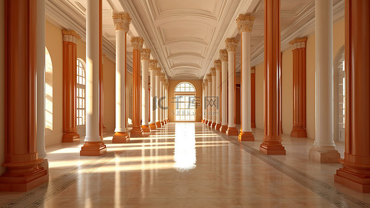 古典风格的大厅照亮着辐射辉光 3D 渲染