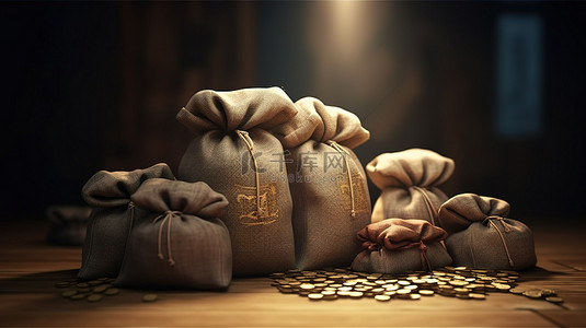 钱符号背景图片_说明 3D 财富，钱袋堆叠硬币和纸币，以高细节渲染