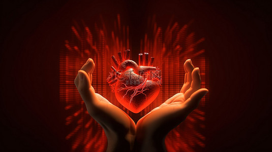 医疗设计背景图片_红心心电图，手在 3D 渲染中形成心跳医疗设计