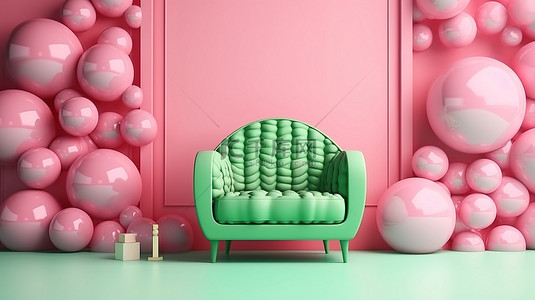 梦幻室内背景背景图片_梦幻般充满活力的室内空间，以粉色扶手椅拱门和绿色气泡墙为特色，采用 3D 渲染