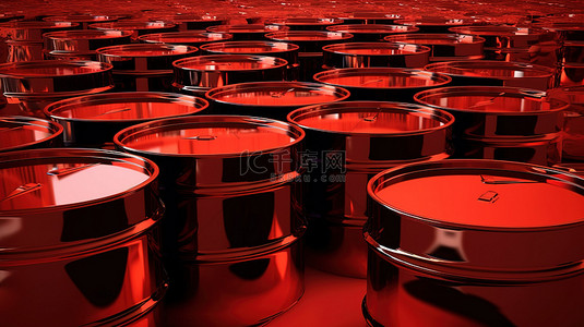 石油能源背景图片_充满活力的红色背景 3D 渲染上用于工业石油和柴油燃料的堆叠金属桶