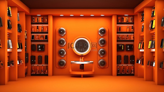 充满活力的室内设计商店展示橙色色调 3D 渲染的手机和配件