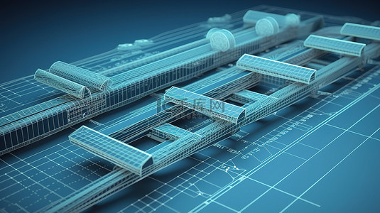 蓝色背景上带刻度输送线 3d 渲染的蓝图