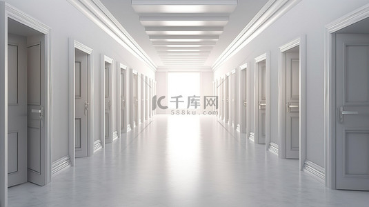 在 3D 渲染中照亮的白色走廊门标志着通往商业成功的多条路径