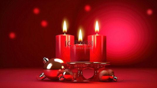 烛光背景背景图片_3D 渲染的红色背景场景与烛光圣诞节