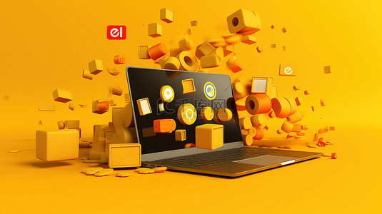 黄色背景的 3D 渲染与社交媒体图标和笔记本电脑的模型