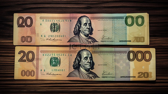巴西背景图片_木制背景以令人惊叹的 3D 显示屏展示 200 雷亚尔的巴西纸币20 雷亚尔和另外 20 雷亚尔