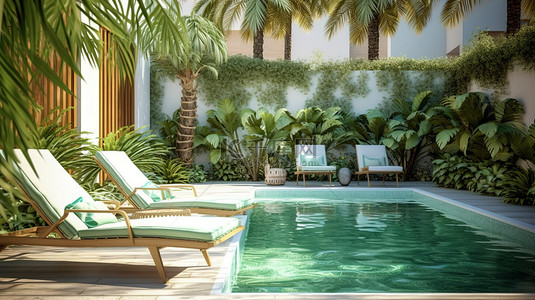 后院草坪背景图片_带游泳池和草坪椅的现代后院的棕榈流苏 3D 渲染