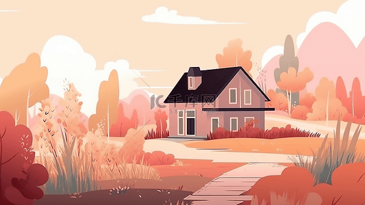 小路房子背景图片_卡通房子粉色系背景插画