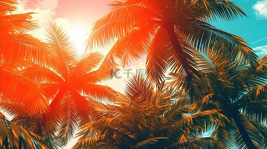 近距离和个人与郁郁葱葱的热带棕榈树夏季背景优雅豪华 80 年代和 90 年代复古风格 3D 插图