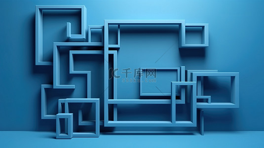 蓝色背景上画框中蓝色几何形状的 3D 插图