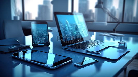 时尚蓝色办公桌上的工作区必需品笔记本电脑手机和数字平板电脑 3D 插图