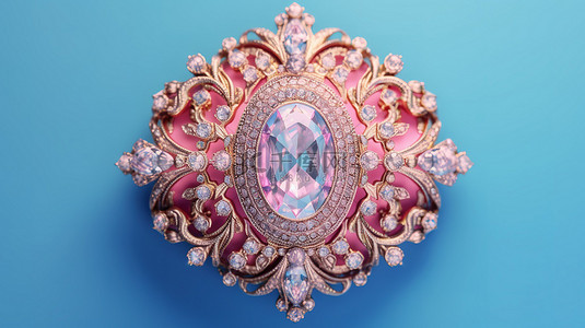 双色调蓝色背景 3D 渲染上带有粉红色钻石和宝石的复古巴洛克胸针