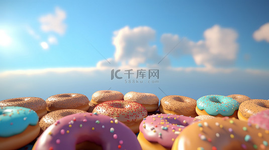 甜甜圈卡通背景图片_漂浮在 3d 天空中的卡通甜甜圈