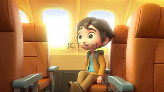 在飞机上卡通背景图片_年轻乘客在飞机上翱翔 3D 卡通插画
