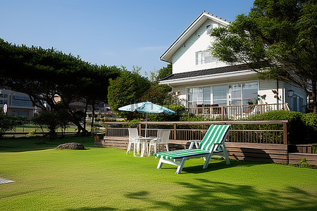 躺椅背景图片_院子里的房子有草坪木制甲板和躺椅