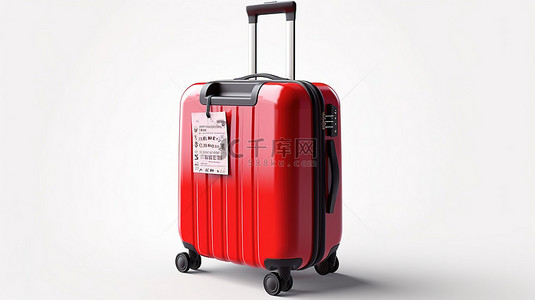 经济舱红色手提箱的白色背景 3D 渲染，配有手提行李和航班标签标签