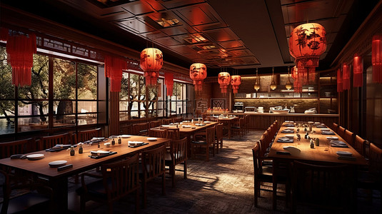 具有等距视图和开放概念设计的中餐厅内部 3D 渲染