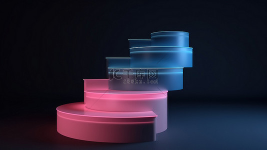 最小的 3d 概念粉色和蓝色光基座在深色背景上台阶，带有文本空间