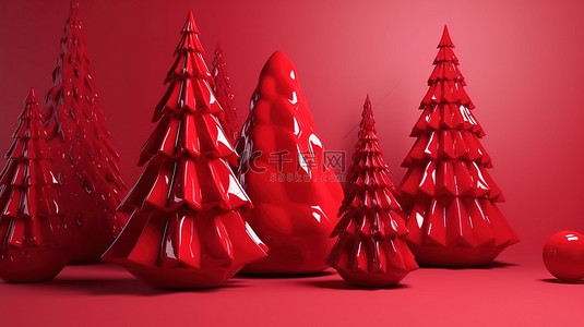 节日庆典的红色 3D 渲染中的节日抽象圣诞树