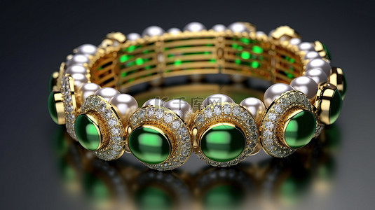 时尚手镯背景图片_装饰有珍珠和绿色莱茵石的时尚手镯的 3D 渲染