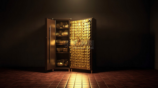 黑暗复古冰箱内的金色秘密闪闪发光的硬币和发光的金色
