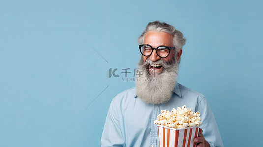 戴着 3D 眼镜的心满意足的男人享受着爆米花，对着浅蓝色背景空荡荡的相机微笑