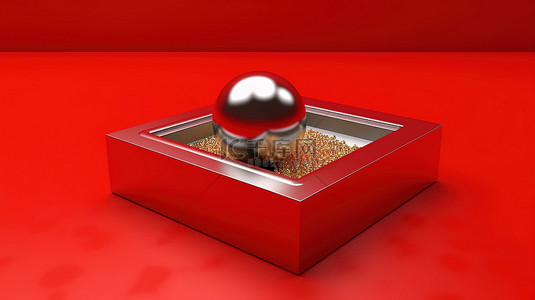 红色背景上打开的红色盒子的 3D 插图，带有银色和金色球体