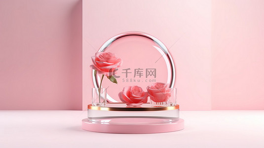 玻璃讲台的 3D 渲染，以粉红色和玫瑰色的产品展示为特色