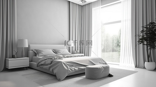 白浅背景图片_时尚白色卧室的简约 3D 渲染，配有浅灰色床上用品