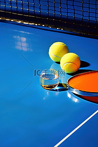 蓝色桌子上的网球拍和球的图像