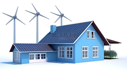 白色背景 3D 渲染太阳能电池板和蓝色风车与住宅建筑