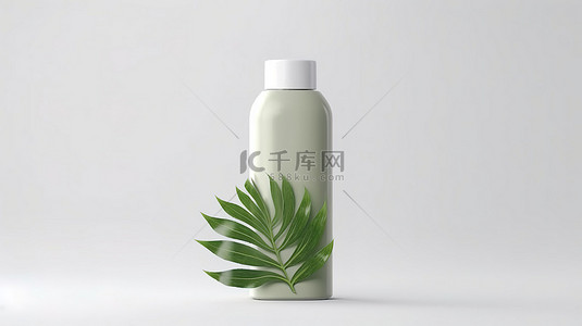 白色背景下饰有树叶的化妆品瓶模型的 3D 渲染